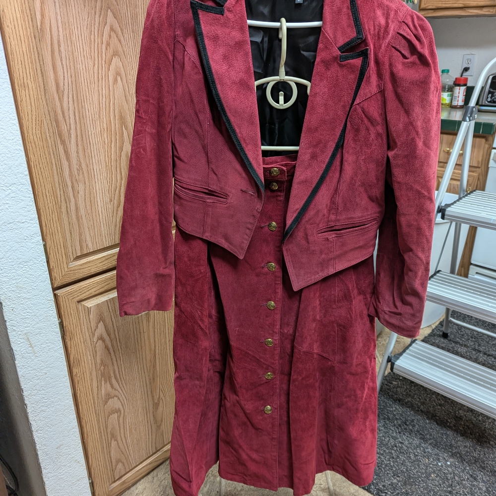 Phenix Burgundy Suede Blazer and Skirt Set with Black Trim